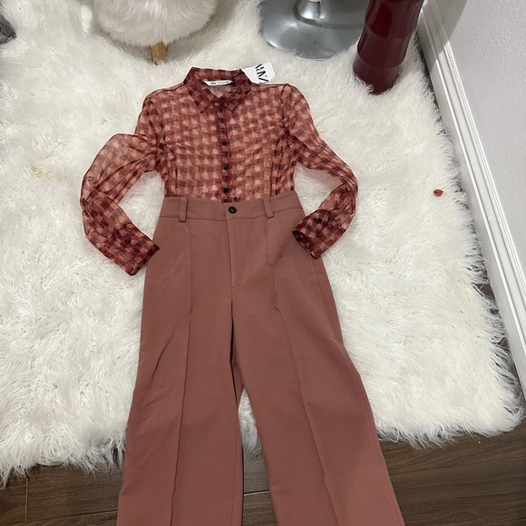 Zara print transparent shirt and wide cropped pants - Picture 1 of 12